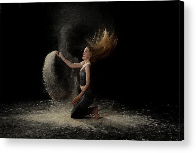 Reagan Acrylic Print featuring the photograph Reagan with hair flip and flour toss by Dan Friend