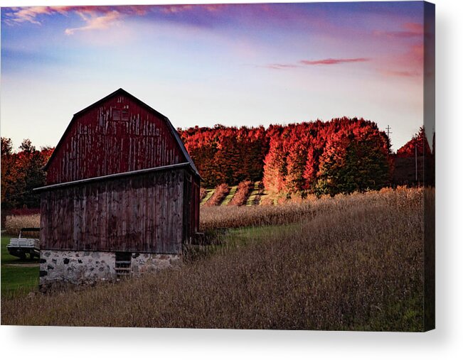Michigan Fall Acrylic Print featuring the photograph Red barn at sunrise with fall colors in northern Michigan by Eldon McGraw