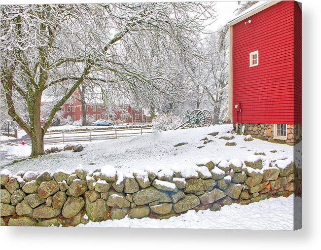 Snow Covered Acrylic Print featuring the photograph Red Barn at the Longfellows Wayside Inn by Juergen Roth