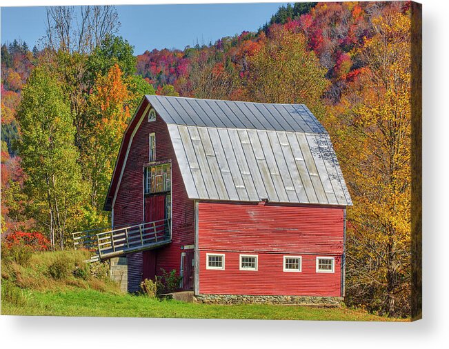 Red Barn Acrylic Print featuring the photograph Red Barn framed by Fall Foliage at Vermont Route 100 by Juergen Roth