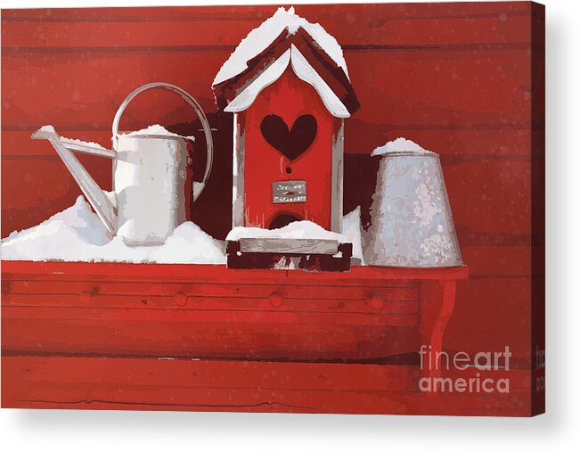 Bird Acrylic Print featuring the digital art Red birdhouse on shelf in the snow by Sandra Cunningham