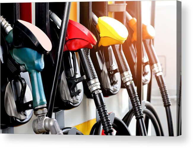 White Background Acrylic Print featuring the photograph Red Green Yellow Orange Color Fuel Gasoline Dispenser Background by Chutarat Sae-khow