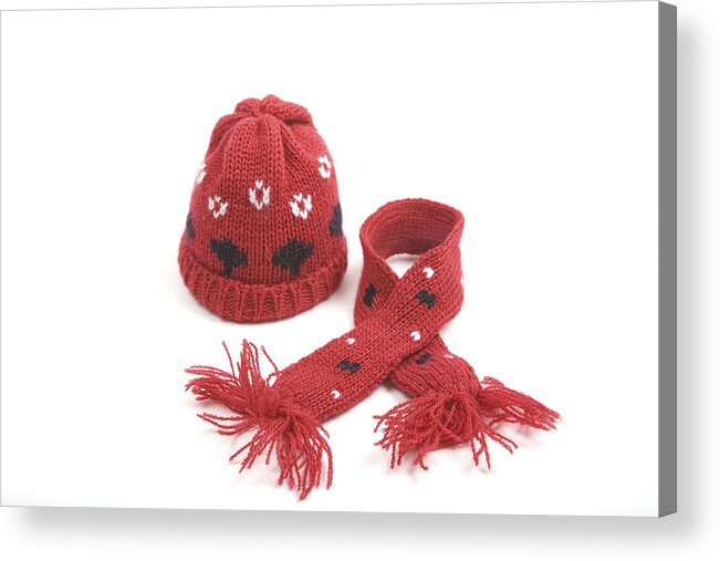 White Background Acrylic Print featuring the photograph Red Hat and Scarf by Jtyler