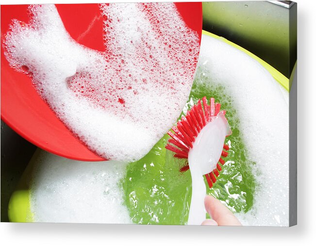 People Acrylic Print featuring the photograph Red plate being washed in green bowl by Peter Cade