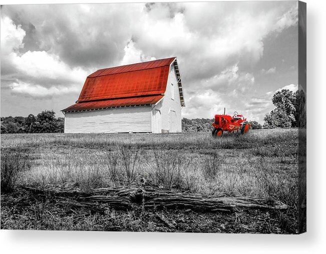 Red Acrylic Print featuring the photograph Red Roof Barn and Red Tractor Black and White and Red by Debra and Dave Vanderlaan