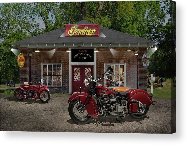 Indian Motorcycles Acrylic Print featuring the photograph Reds Motorcycle Shop C by Mike McGlothlen