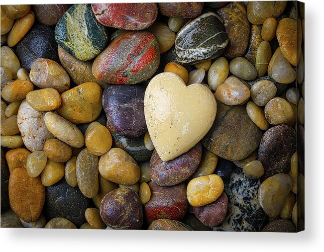 Wet Acrylic Print featuring the photograph River Stones With White Heart by Garry Gay