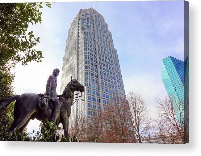 Winston Salem Acrylic Print featuring the photograph RJ Reynolds Statue and Wells Fargo Building 0494 by Jack Schultz