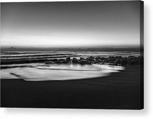 Birds Acrylic Print featuring the photograph Rocky Beach at Dawn Black and White by Debra and Dave Vanderlaan