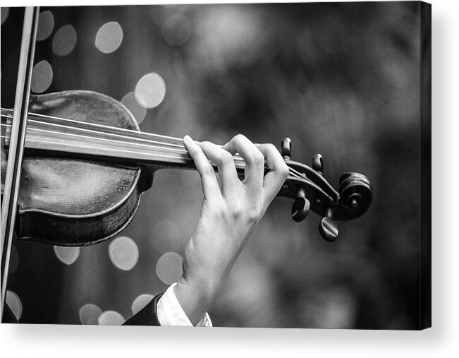 Violin Acrylic Print featuring the photograph Rosin Up - Monochrome by KC Hulsman