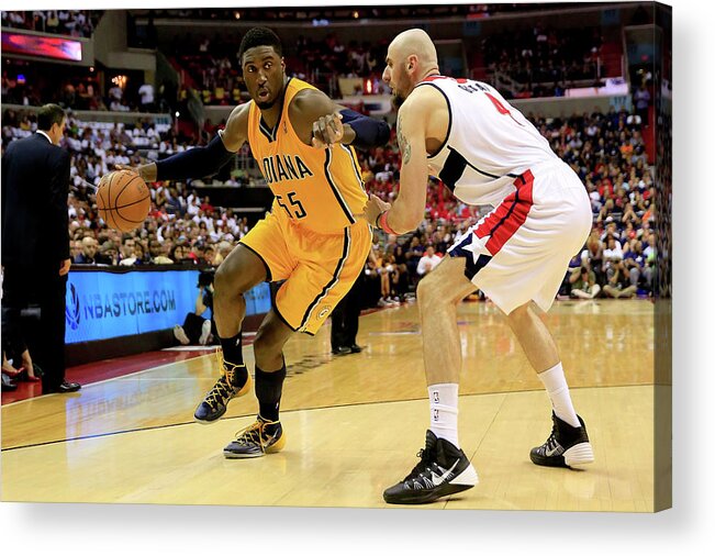 Playoffs Acrylic Print featuring the photograph Roy Hibbert and Marcin Gortat by Rob Carr