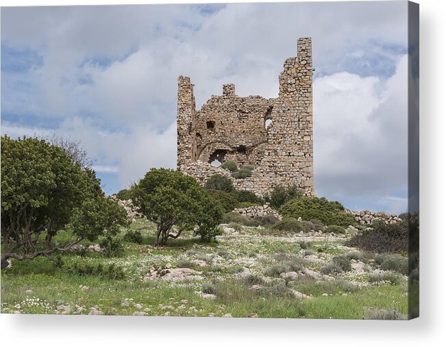 Scenics Acrylic Print featuring the photograph Ruins of the abandoned Dothia tower near Emporios village on Greek Island of Chios in springtime by Silkfactory