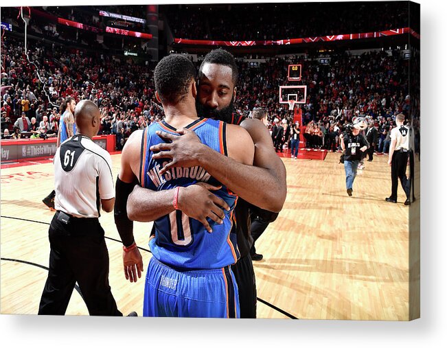 James Harden Acrylic Print featuring the photograph Russell Westbrook and James Harden by Bill Baptist