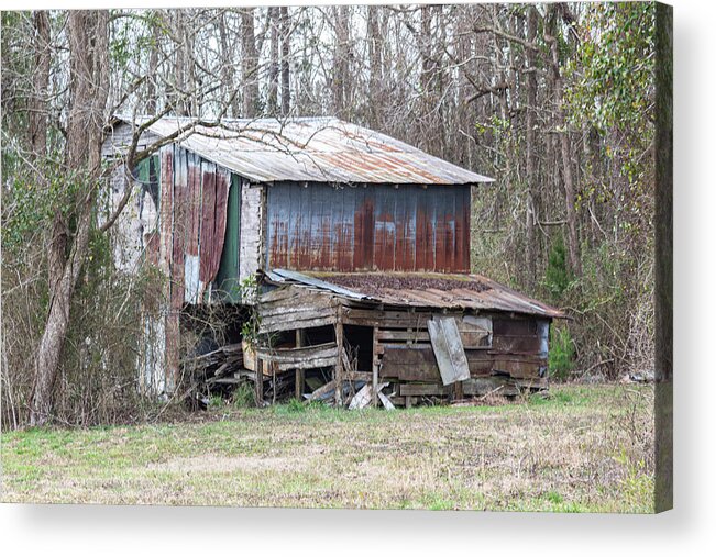 Abandoned Acrylic Print featuring the photograph Old Rusted Decaying Metal Barn in Onslow County North Carolina by Bob Decker