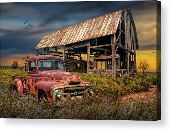 Harvester Acrylic Print featuring the photograph Rusted International Harvester Pickup Truck with Weathered Barn by Randall Nyhof
