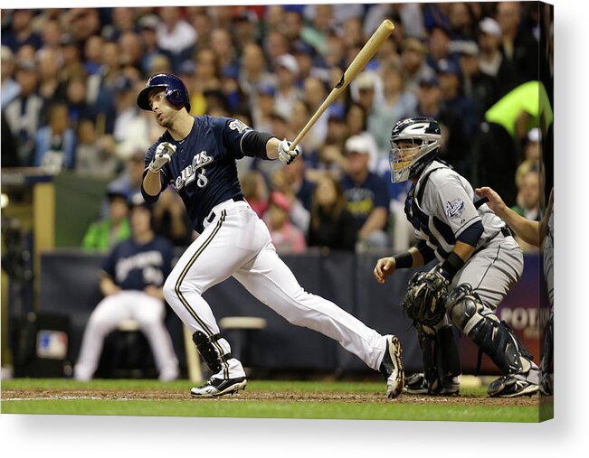 Scoring Acrylic Print featuring the photograph Ryan Braun and Carlos Gomez by Mike Mcginnis