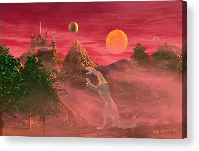 Digital Fantasy Scifi Castle Monster Dragon Acrylic Print featuring the digital art Safe in the Castle by Bob Shimer