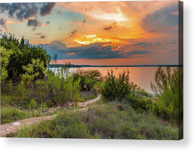 Hill Country Acrylic Print featuring the photograph Sailing a Canyon Lake Sunset by Erin K Images