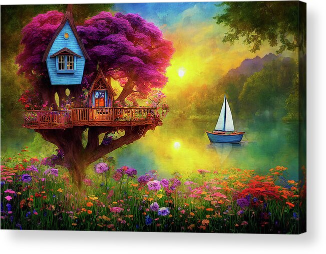 Tree House Acrylic Print featuring the digital art Sailing by My Summer Tree House by Peggy Collins