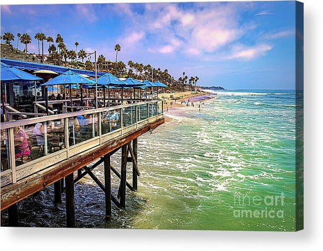 San Clemente Acrylic Print featuring the photograph San Clemente Pier with Blue Umbrellas by Roslyn Wilkins