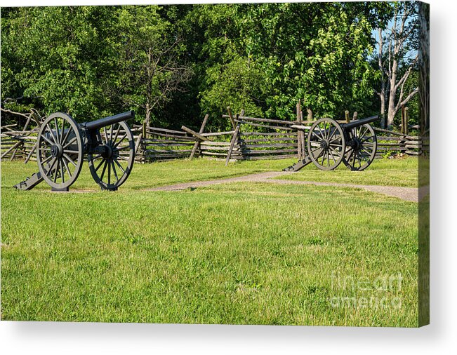 Gettysburg Acrylic Print featuring the photograph Sawbuck Fence and Civil War Cannons by Bob Phillips