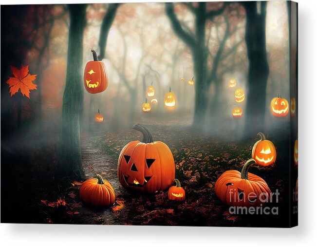 Pumpkin Acrylic Print featuring the photograph Scary halloween pumpkins in spooky magic forest. Jack'o'Lantern by Jelena Jovanovic