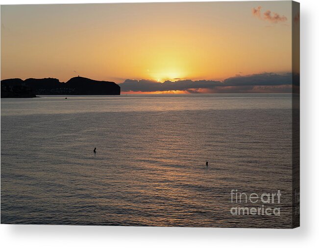 Mediterranean Sea Acrylic Print featuring the photograph Sea water and golden sky at sunrise, Mediterranean coast by Adriana Mueller