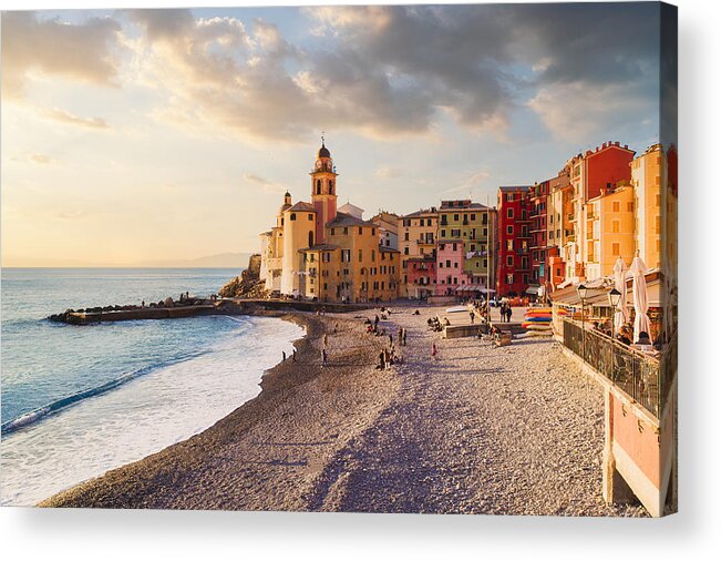 People Acrylic Print featuring the photograph Seascape at sunset, Camogli, Liguria coast, Italy by © Marco Bottigelli