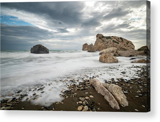 Seascape Acrylic Print featuring the photograph Seascape with windy waves splashing at the rocky coastal area. by Michalakis Ppalis