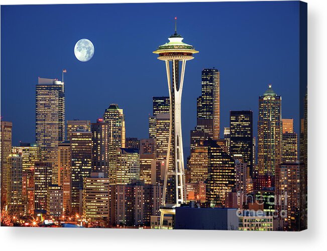 Seattle Acrylic Print featuring the photograph Seattle at Full Moon by Inge Johnsson