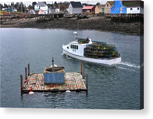 Habour Bits Sea Ocean Land Red Blue Pier Jetty Mooring Nova Scotia Loading Acrylic Print featuring the photograph Setting Out by David Matthews
