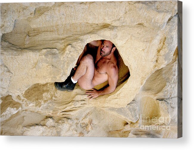 Abs Acrylic Print featuring the photograph Sexy nude male hiding in a sand cave by Gunther Allen