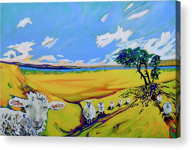 Sheep Acrylic Print featuring the painting Sheep Coming Home by Marysue Ryan