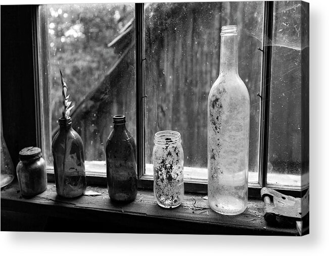 Bottles Acrylic Print featuring the photograph Shephard's Cabin Windowsill in Monochrome, Lyons Ranch by Rick Pisio