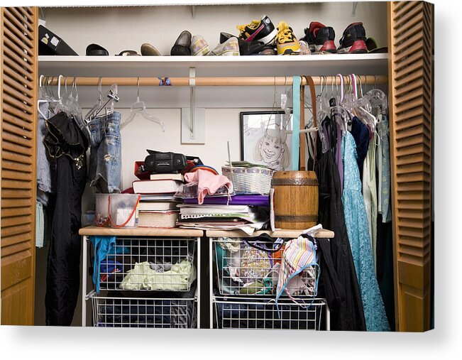 Coathanger Acrylic Print featuring the photograph Shoes and clothes in closet, close-up by Dana Neely