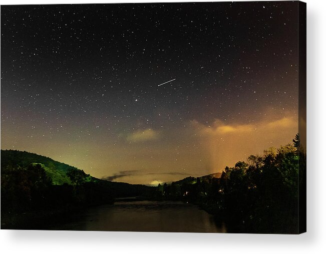 Night Acrylic Print featuring the photograph Shooting Star Over The Upper Delaware River - Barryville NY Shohola PA Bridge by Amelia Pearn