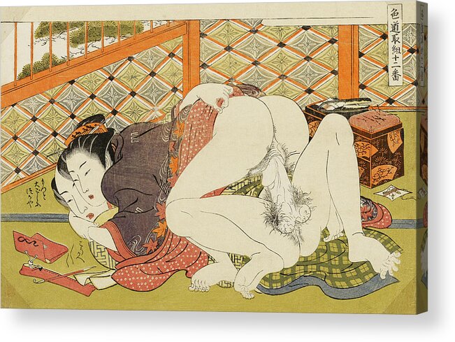 Koryusai Acrylic Print featuring the painting Shunga, Seamstress and her Lover by Isoda Koryusai