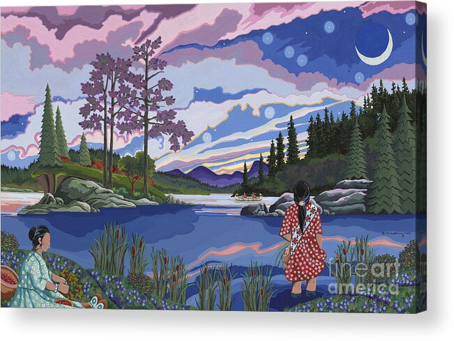 Native Americanartwork Acrylic Print featuring the painting Sisters Wildcrafting at Dawn by Chholing Taha