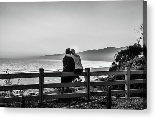 Santa Monica Acrylic Print featuring the photograph Sitting on the fence In The Park- Santa Black and White by Gene Parks