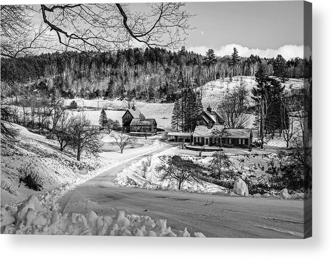 Pomfret Acrylic Print featuring the photograph Sleepy Hollow farm in Winter Snow Pomfret VT Woodstock Black and White by Toby McGuire