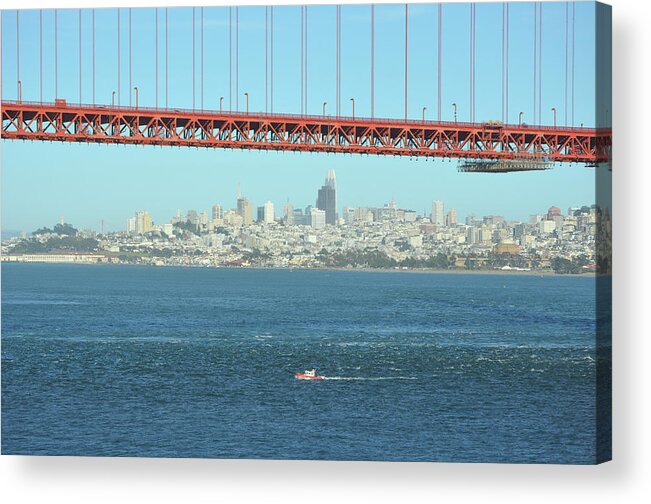 Golden Gate Bridge Acrylic Print featuring the photograph Small Boat and San Francisco Skyline under the Golden Gate Bridge by Shawn O'Brien