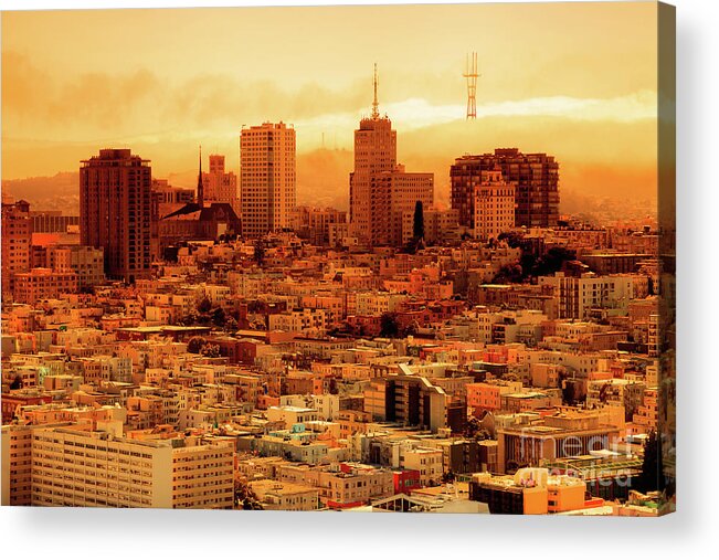 San Francisco Acrylic Print featuring the photograph Smoky orange sky in San Francisco wildfire by Benny Marty