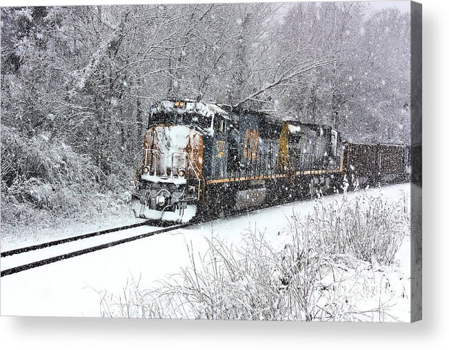 Snow And Trains Acrylic Print featuring the photograph Snow and Steel 3 by Rick Lipscomb