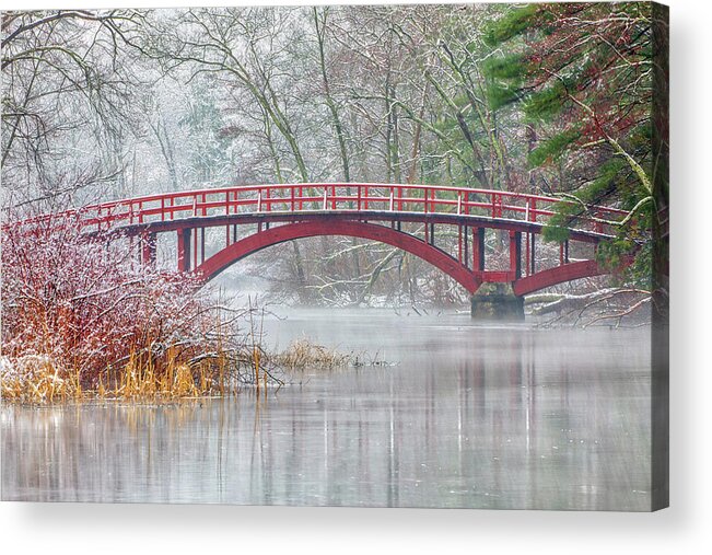 Sargent Bridge Acrylic Print featuring the photograph Snow Covered Sargent Footbridge in Natick Massachusetts by Juergen Roth