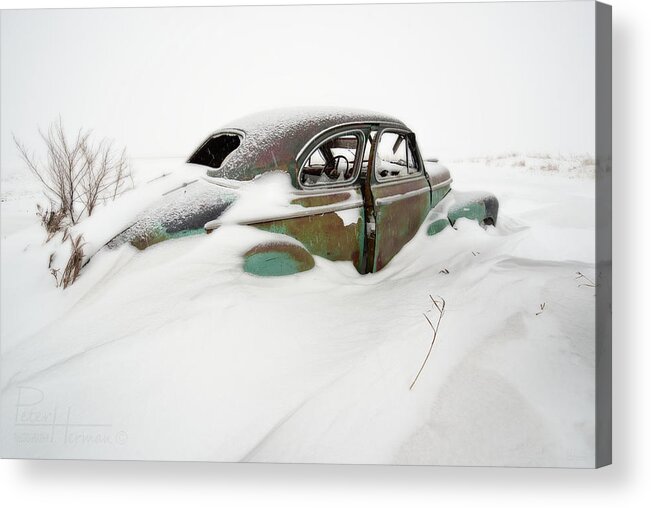 1947 Acrylic Print featuring the photograph Snow Cruiser - 1 of 3 - 1947 Chevy Coup in a ND snow scene by Peter Herman