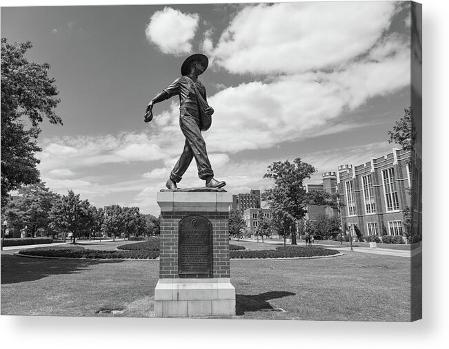 Big 12 Acrylic Print featuring the photograph Sower Statue on the campus of the University of Oklahoma in black and white by Eldon McGraw