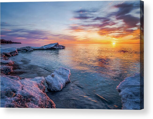 #wisconsin #outdoor #fineart #landscape #photograph #wisconsinbeauty #doorcounty #doorcountybeauty #lakemichigan #beautyofnature #winter #metalman #ice #homeandofficedecor #streamingmedia #explorewisconsin #wallart #countyparksystem #doorcountyusa #doorcountytoday #roamwisconsin #travelwisconsin #only.in.wisconsin #venturewisconsin #discoverwisconsin #1natureshot #daybreak #sunrise #iceflows #iceshoves #clouds #longexposure #wideanglelens #reflective #cold #snowandice #firstlight #trees #gossmer Acrylic Print featuring the photograph Sparkle at Dawn by David Heilman