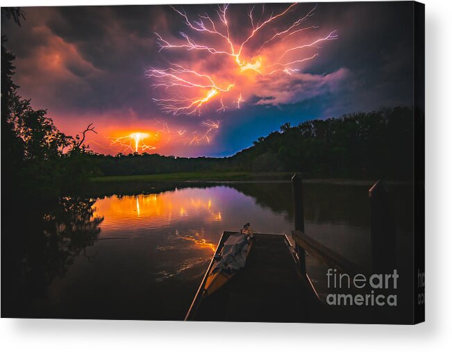 Spider Lightning Acrylic Print featuring the photograph Spider Lightning Reflected on Little Hunting Creek at Night by Jeff at JSJ Photography