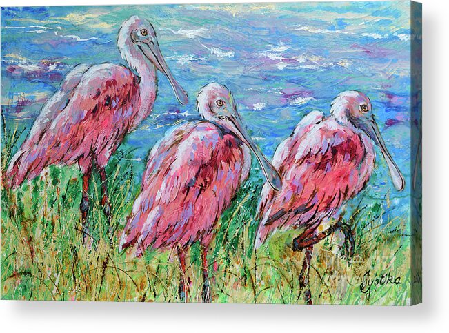 Spoonbills Acrylic Print featuring the painting Spoonbills at the Lake by Jyotika Shroff
