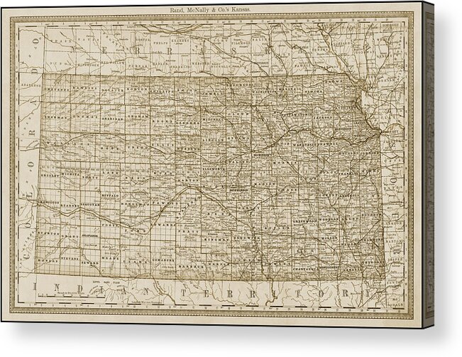 Kansas Acrylic Print featuring the photograph State of Kansas Vintage Map 1881 Sepia by Carol Japp